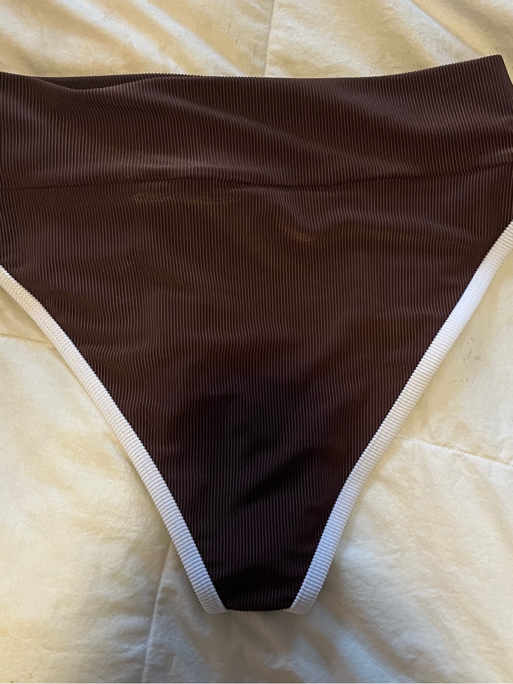 Ribbed High-Waist Bikini Bottom In Chocolate With White Trim — image 2 of 4